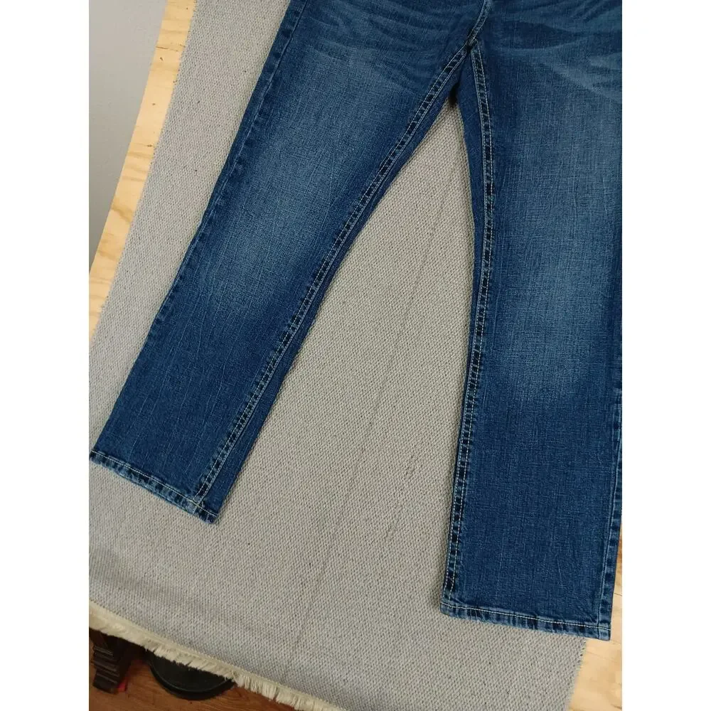 T.K. Axel Slim Boot Jeans Mens 34X31 Blue Embroidered Flaps Western Thick Stitch